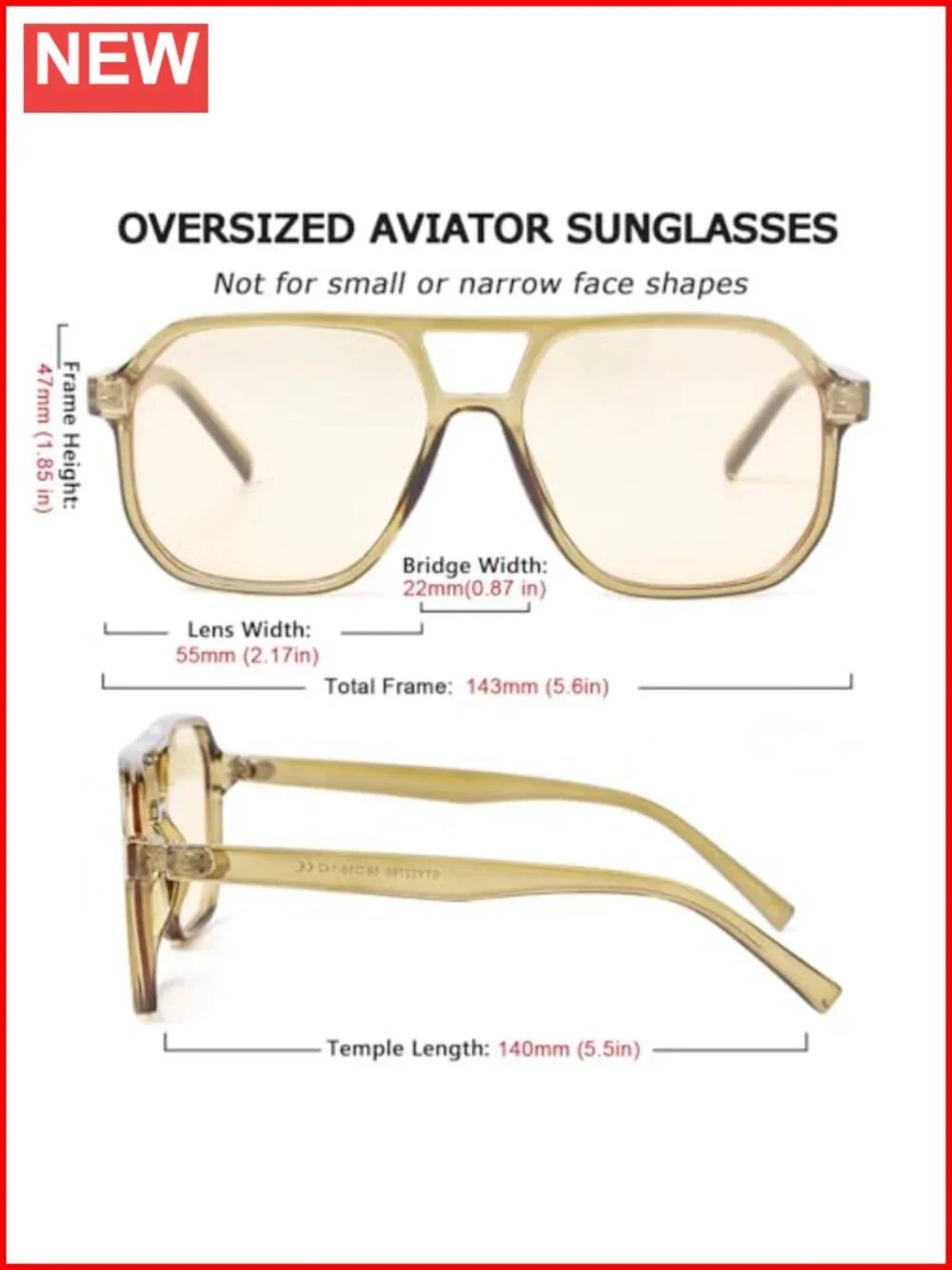 Retro Oversized Aviator Sunglasses with UV400 Protection, Polycarbonate Frame